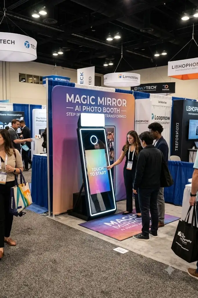 A branded SIER Magic Mirror booth at a trade show