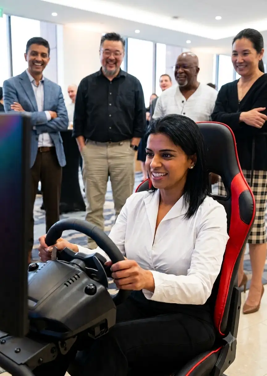 Guests gathered around a SIER racing simulator