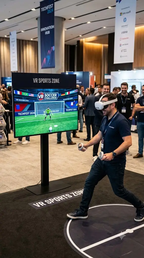 A guest playing SIER VR Soccer at TechFest