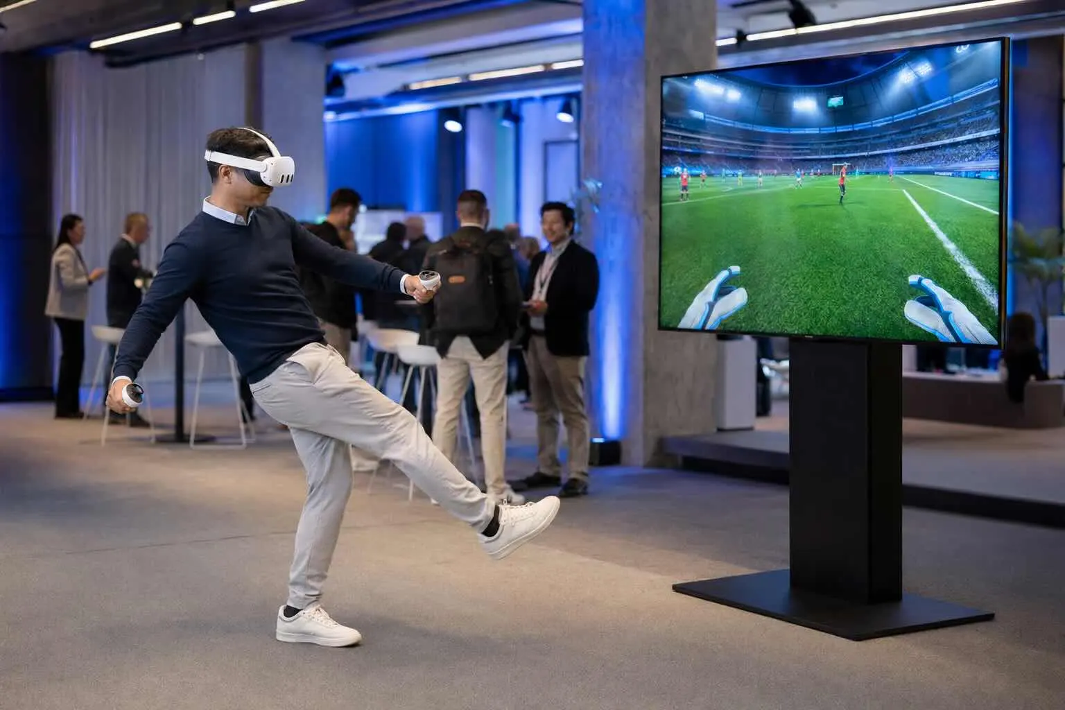 A guest playing SIER VR Soccer at a corporate event