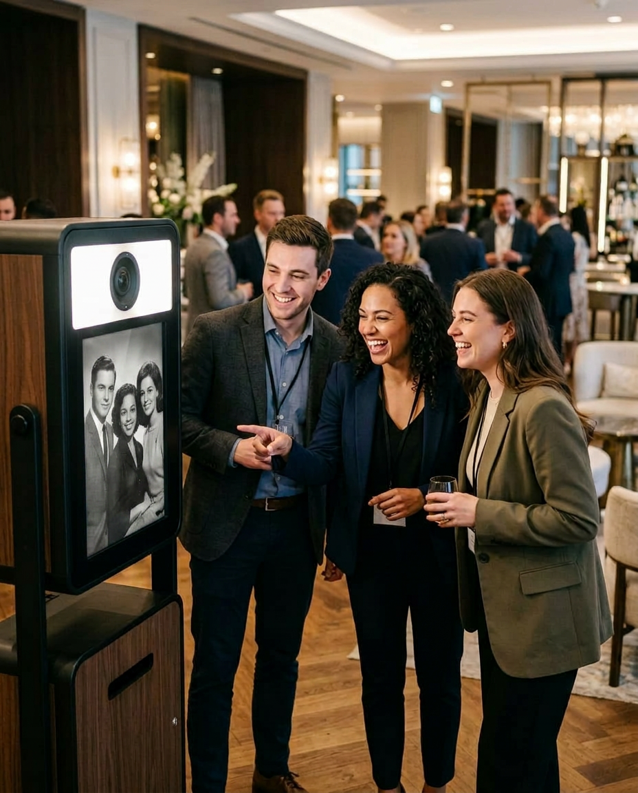AI photo booth corporate event with vintage black and white portrait on screen