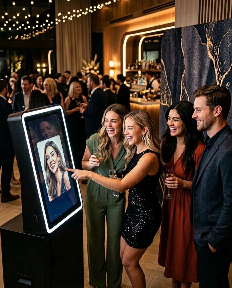 AI photo booth at private event with illustrated portrait on screen